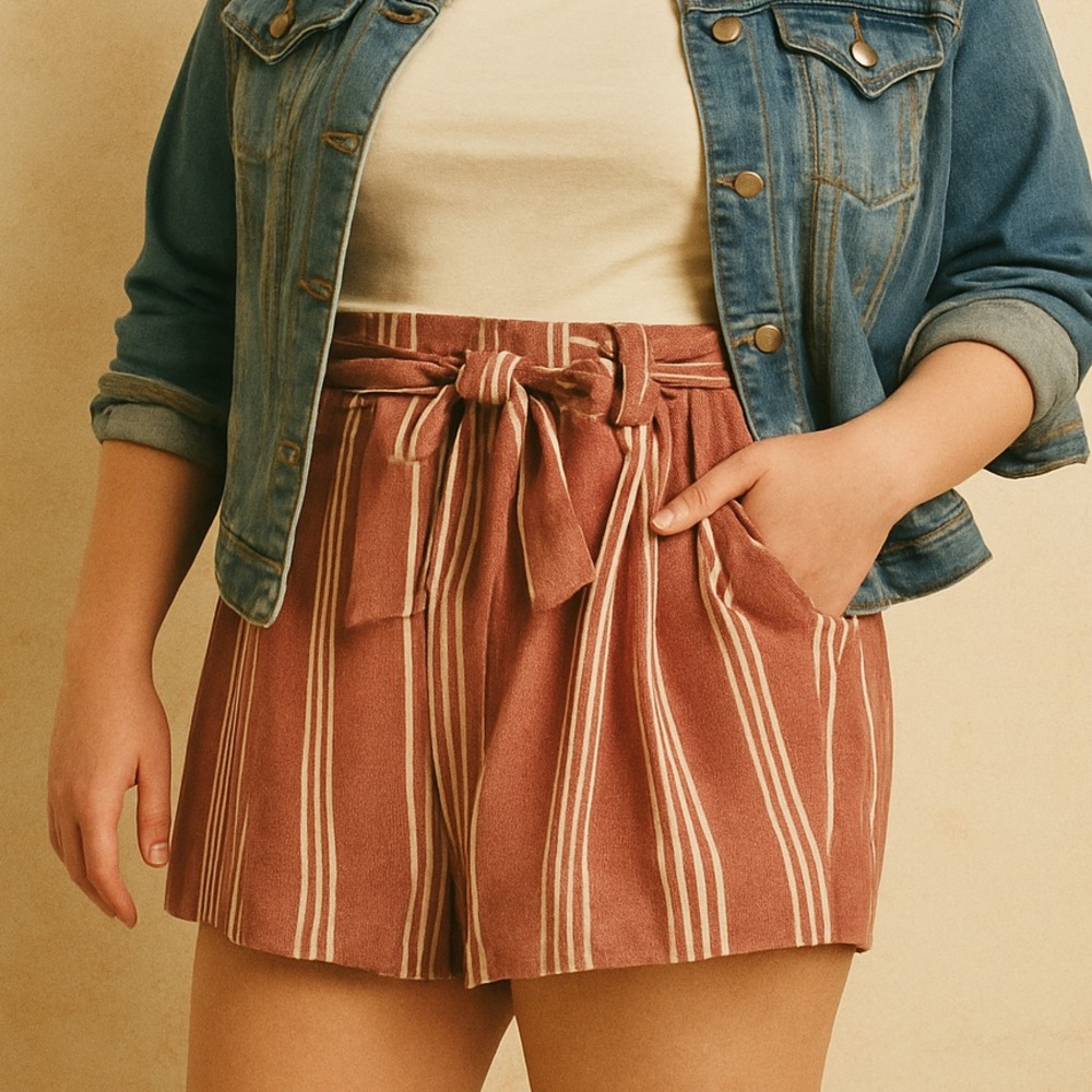 Torrid Dusty Pink Stripe Stretch Crepe Tie Waist Pleated High Waist Shorts Sz 16
